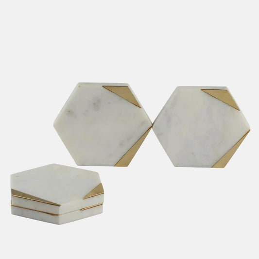 White Marble Coaster with Brass Accents Artifact Stonex