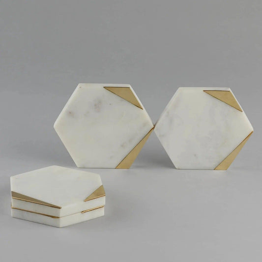 White Marble Coaster with Brass Accents Artifact Stonex