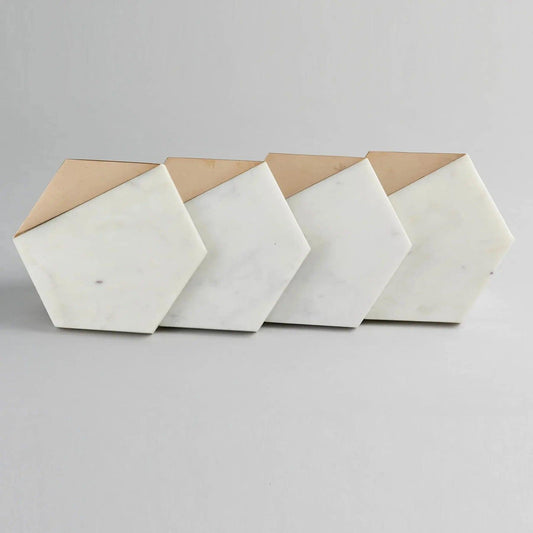 White Marble with Brass Edge Hexagon Coaster Artifact Stonex