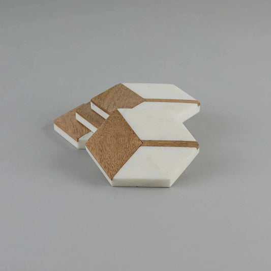 White Marble with Wood Hexagon Coaster Artifact Stonex