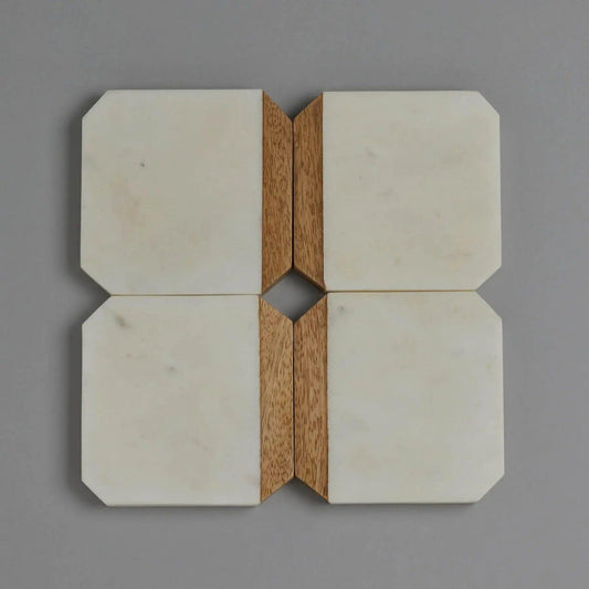 White Marble With Wood Coaster Set – Luxury Home Décor Artifact Stonex