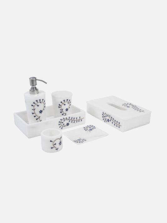 Serene White Marble Bathroom Set with Leaf Design