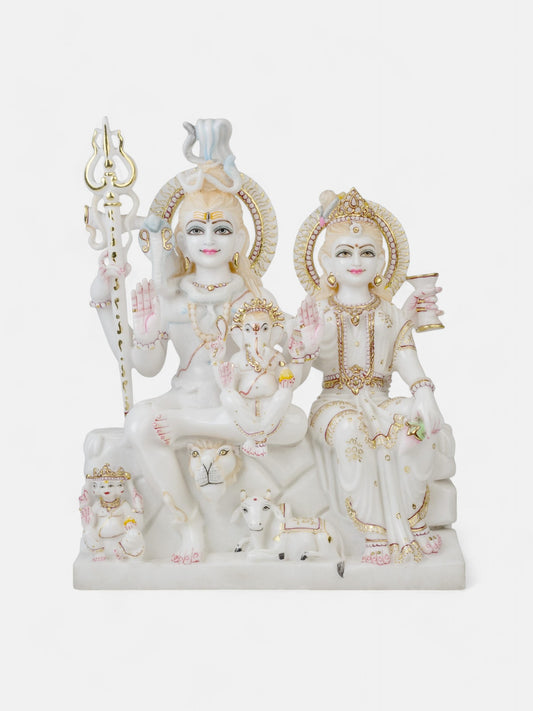 Lord Shiva Family – Shiva, Parvati, Ganesh in White Marble