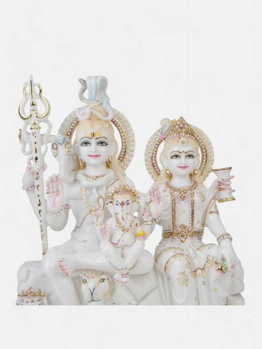 Lord Shiva Family – Shiva, Parvati, Ganesh in White Marble