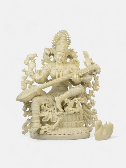 Maa Saraswati with Peacocks Marble Statue