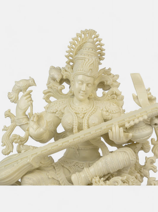 Maa Saraswati with Peacocks Marble Statue