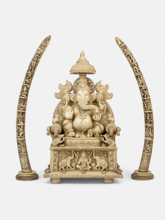 Engraved Ganesh with Tusk Marble Statue