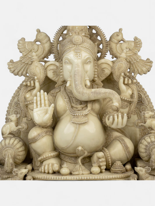 Engraved Ganesh with Tusk Marble Statue