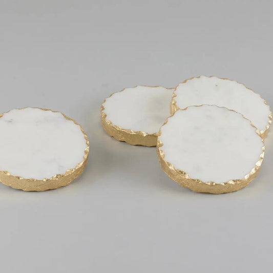 Gold Rimmed White Marble Coaster Set Artifact Stonex