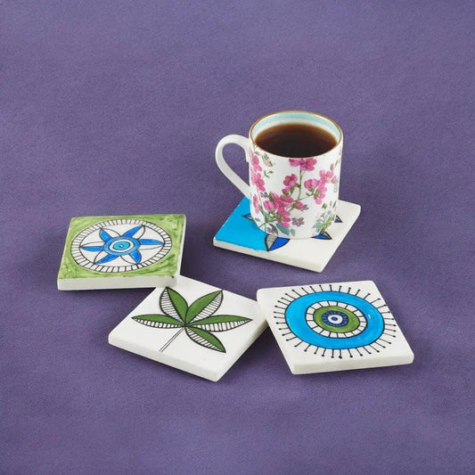 Hand Painted Blue Pottery Style Coaster Set - Marble Coasters for Home Décor Artifact Stonex