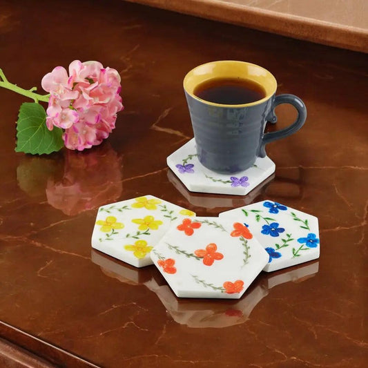 Hand-Painted Hexagon Floral Coaster Set – Luxury Marble Coasters Artifact Stonex