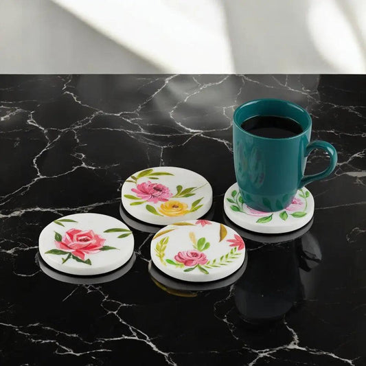 Hand-Painted Round Floral Coaster Set – Banswara Marble Coasters Artifact Stonex