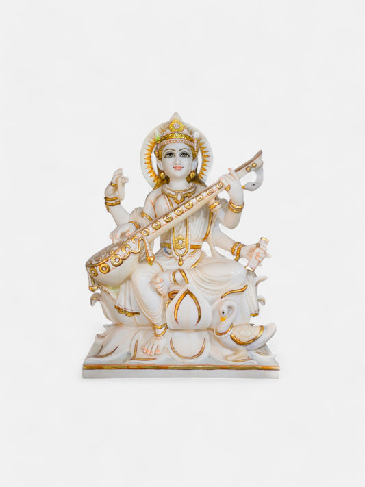 Maa Saraswati, 24-Inch White Marble Statue