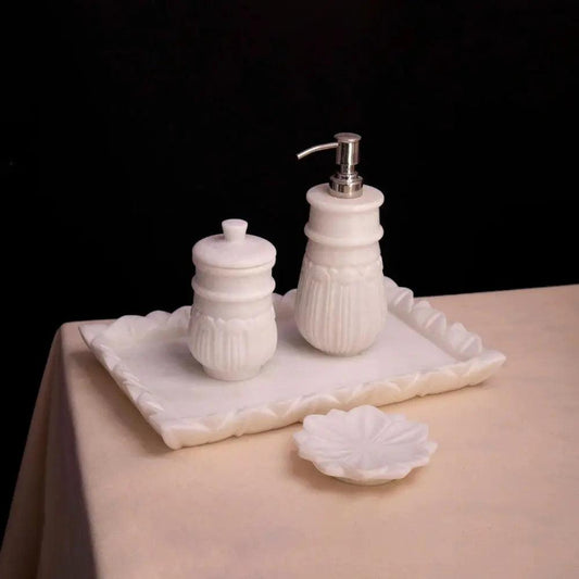 White Carved Marble Bathroom Accessory Set Artifact Stonex