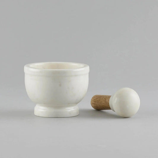 White Marble and Wood Mortar and Pestle Set Artifact Stonex