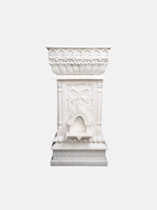 White Marble Tulsi Pot with Intricate Carving Artifat Stonex