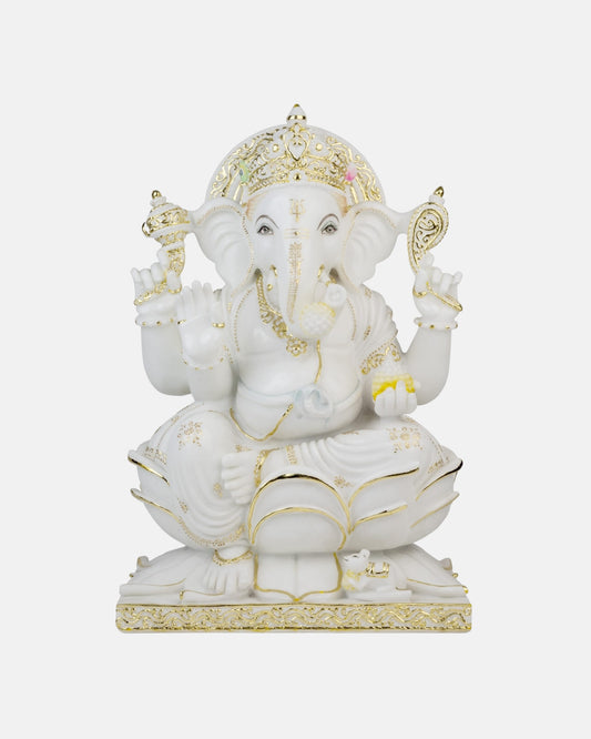 White Marble Lord Ganesha with Gold Trim