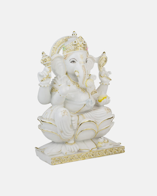 White Marble Lord Ganesha with Gold Trim