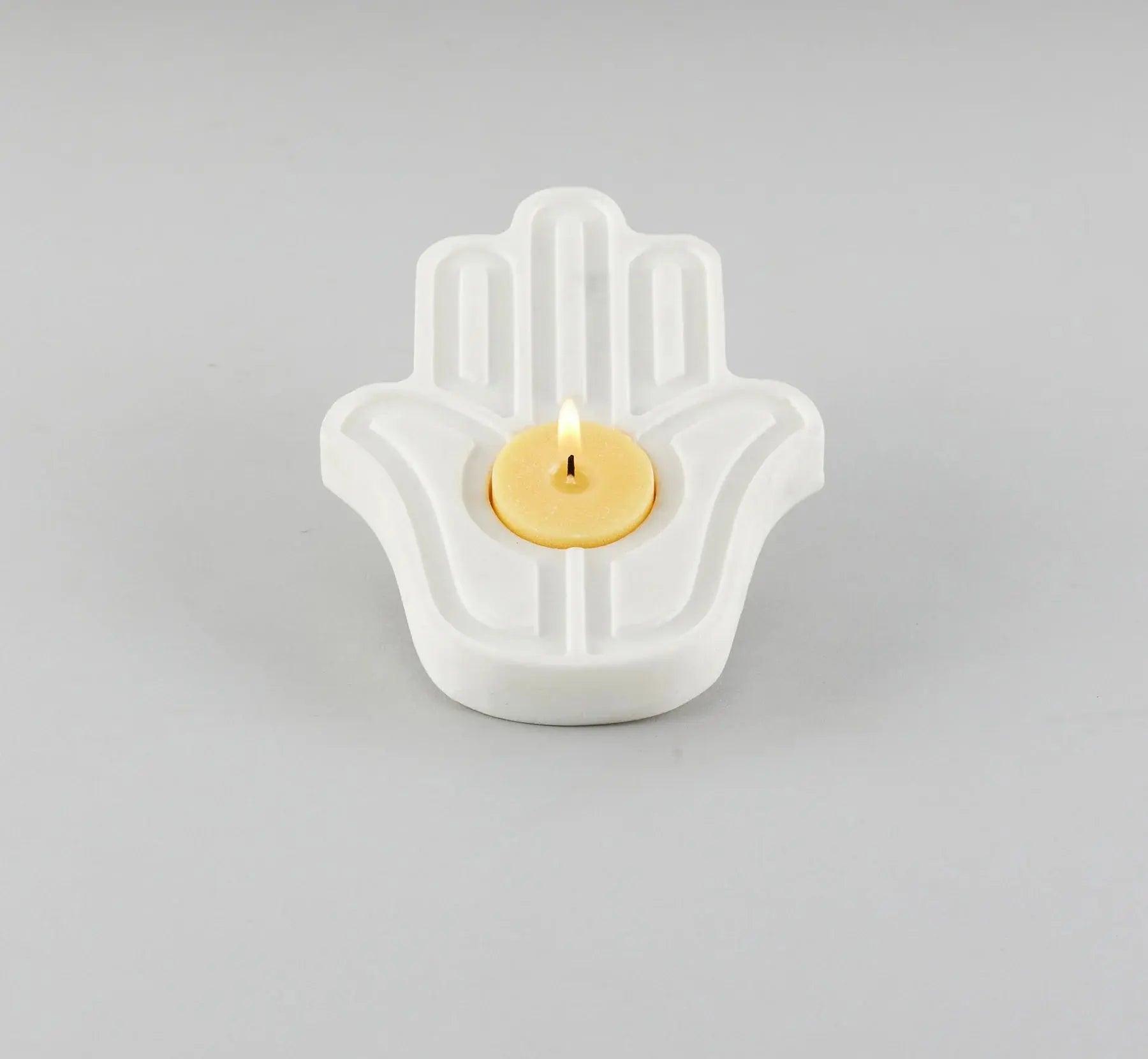 Hamsa Palm Tea Light Holder - White Marble Decorative Candle Holder Artifact Stonex