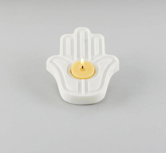 Hamsa Palm Tea Light Holder - White Marble Decorative Candle Holder Artifact Stonex