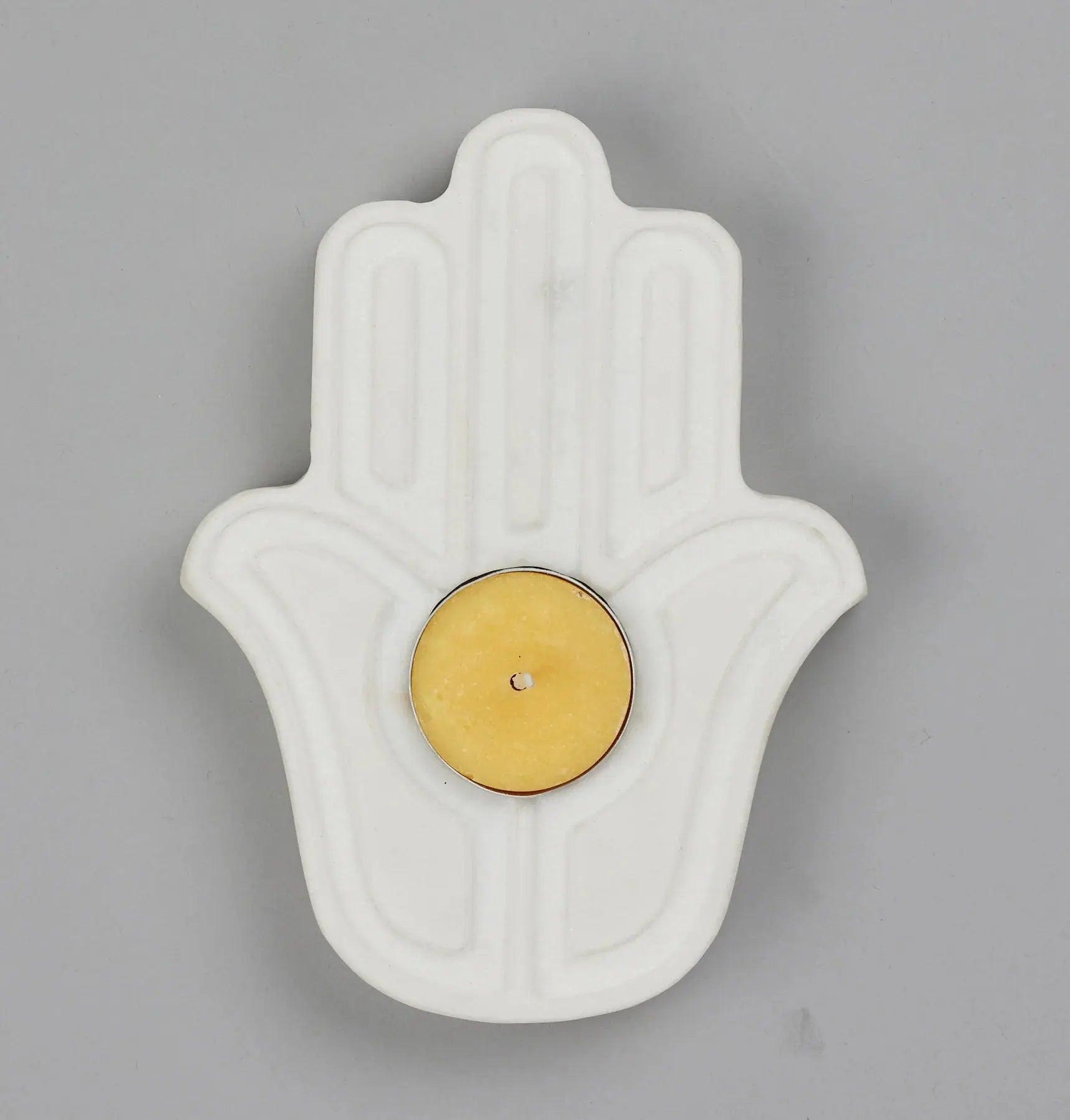 Hamsa Palm Tea Light Holder - White Marble Decorative Candle Holder Artifact Stonex