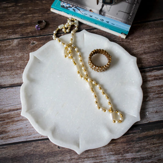 Elegant Floral Patterned White Marble Tray