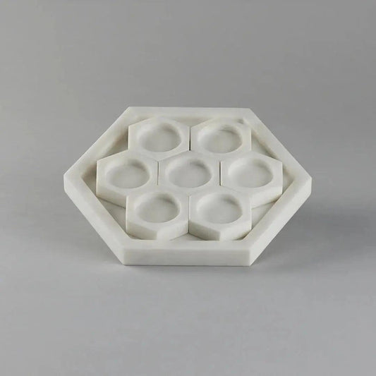 White Marble Hexagon Tea Light Candle Holder Set Artifact Stonex