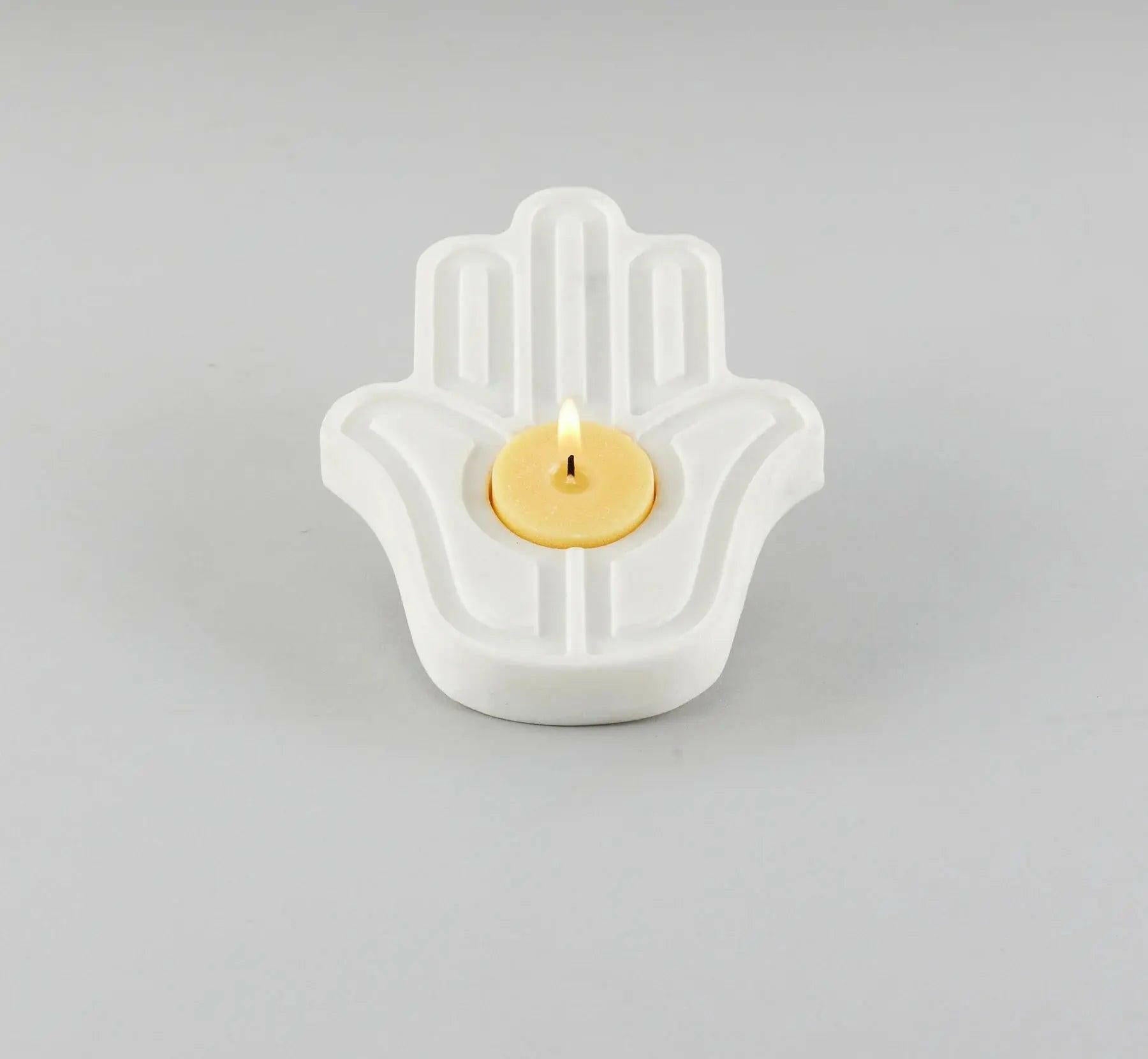 Hamsa White Palm Tea Light Holder Candle Holder - White Marble.