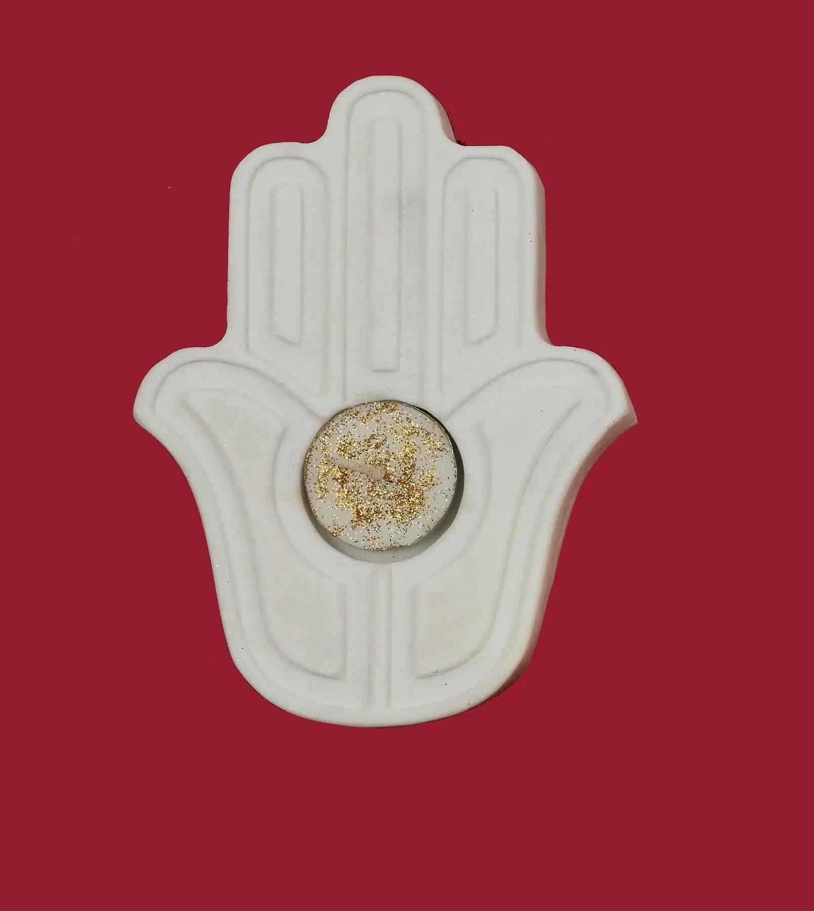 Hamsa White Palm Tea Light Holder Candle Holder - White Marble.