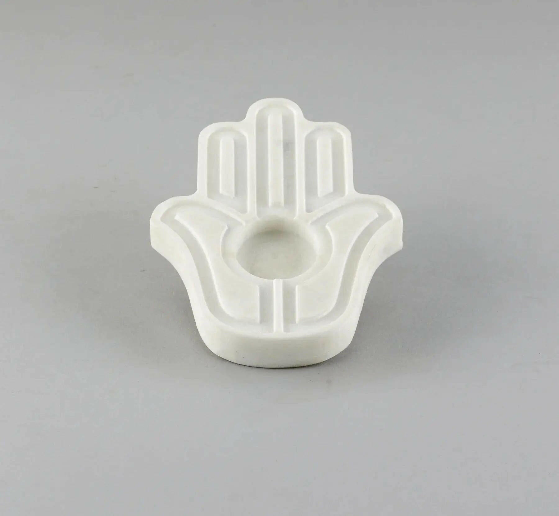 Hamsa White Palm Tea Light Holder Candle Holder - White Marble.