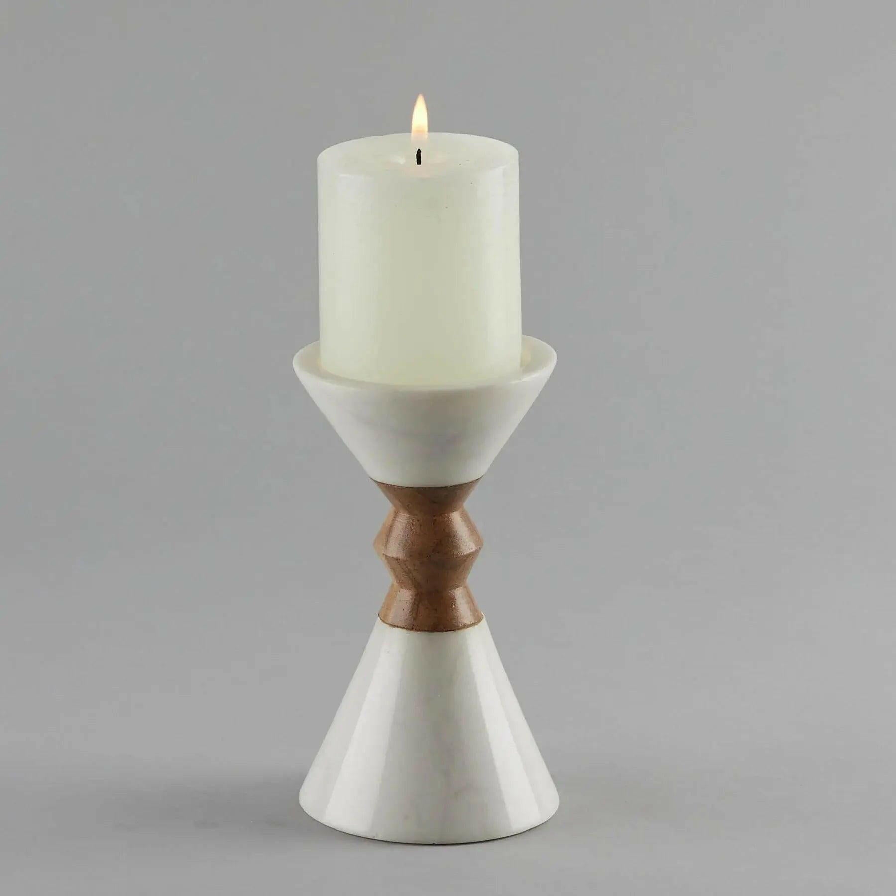 Myra Candle Holder – Natural Wood and White Marble Design.