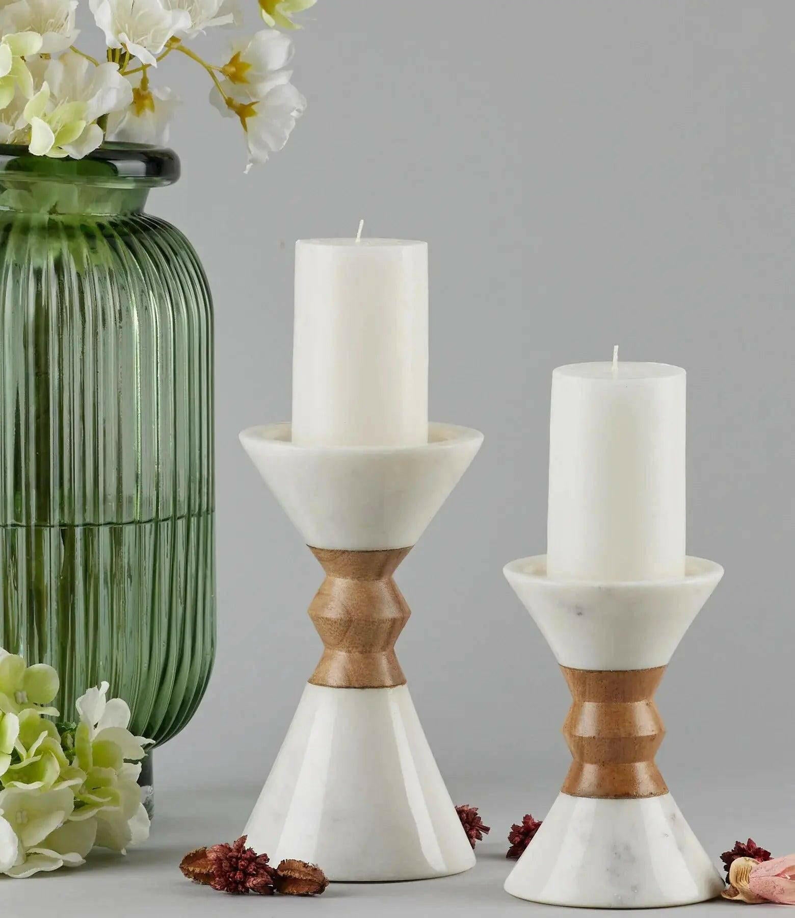 Myra Candle Holder – Natural Wood and White Marble Design.