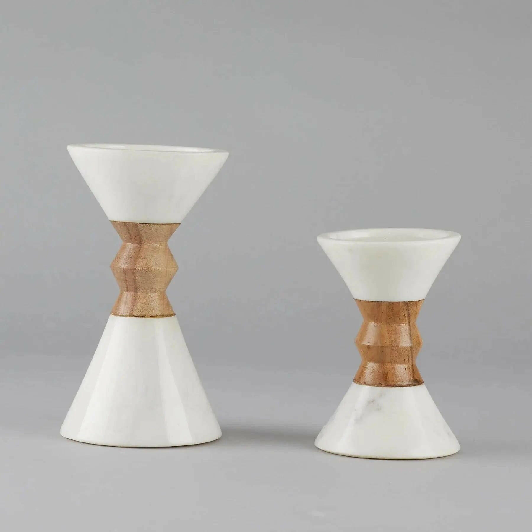 Myra Candle Holder – Natural Wood and White Marble Design.