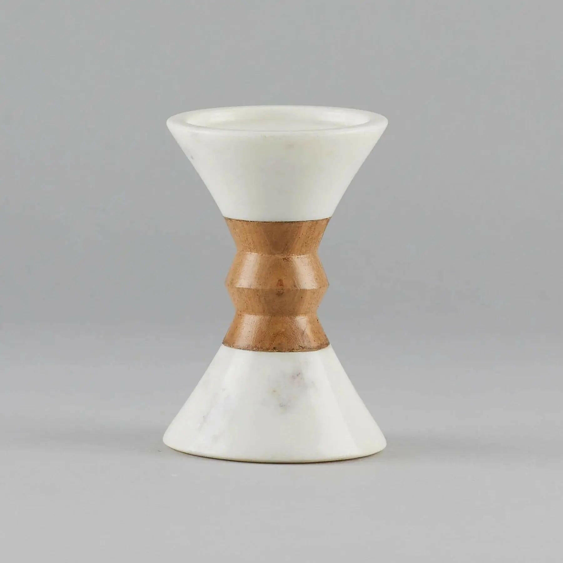 Myra Candle Holder – Natural Wood and White Marble Design.