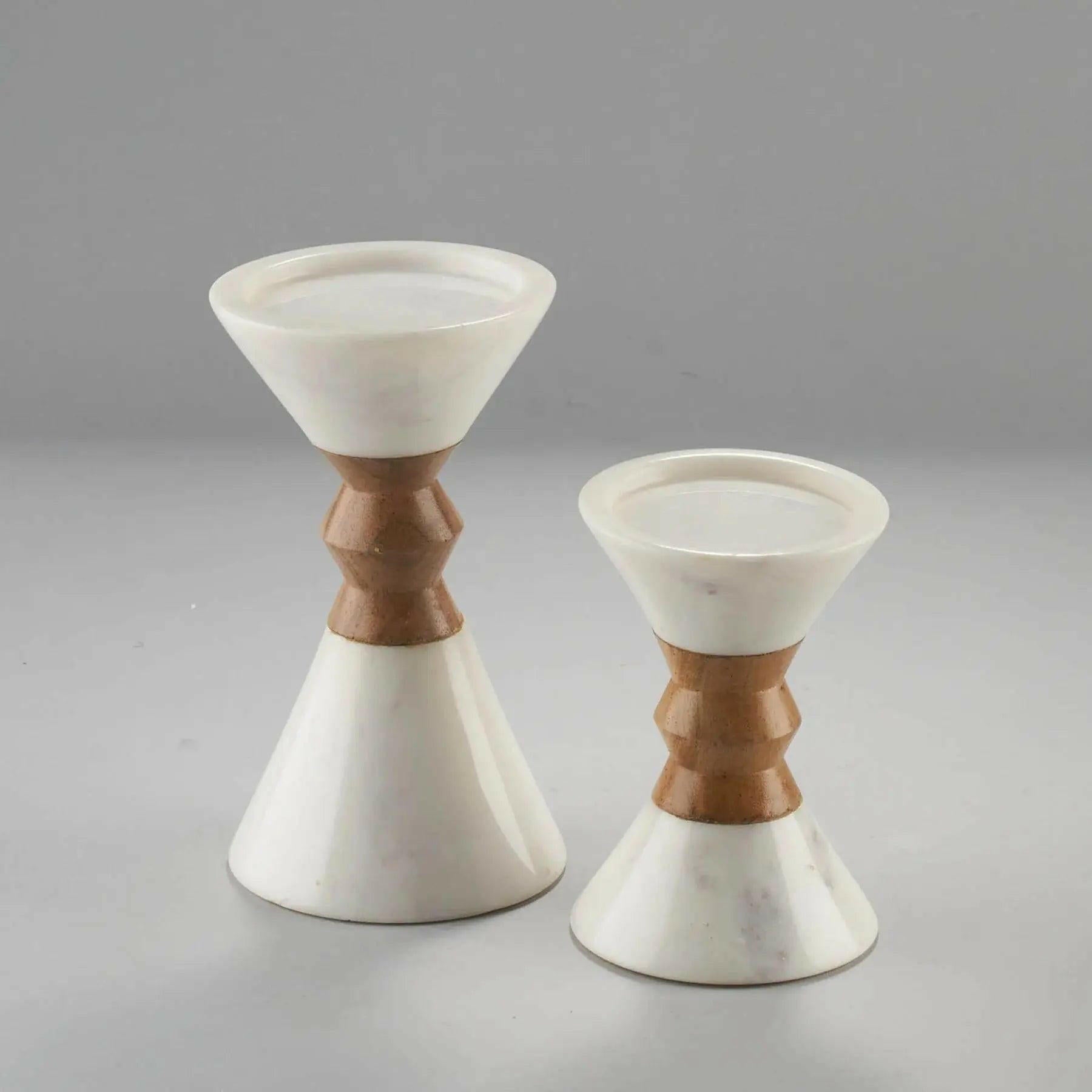 Myra Candle Holder – Natural Wood and White Marble Design.