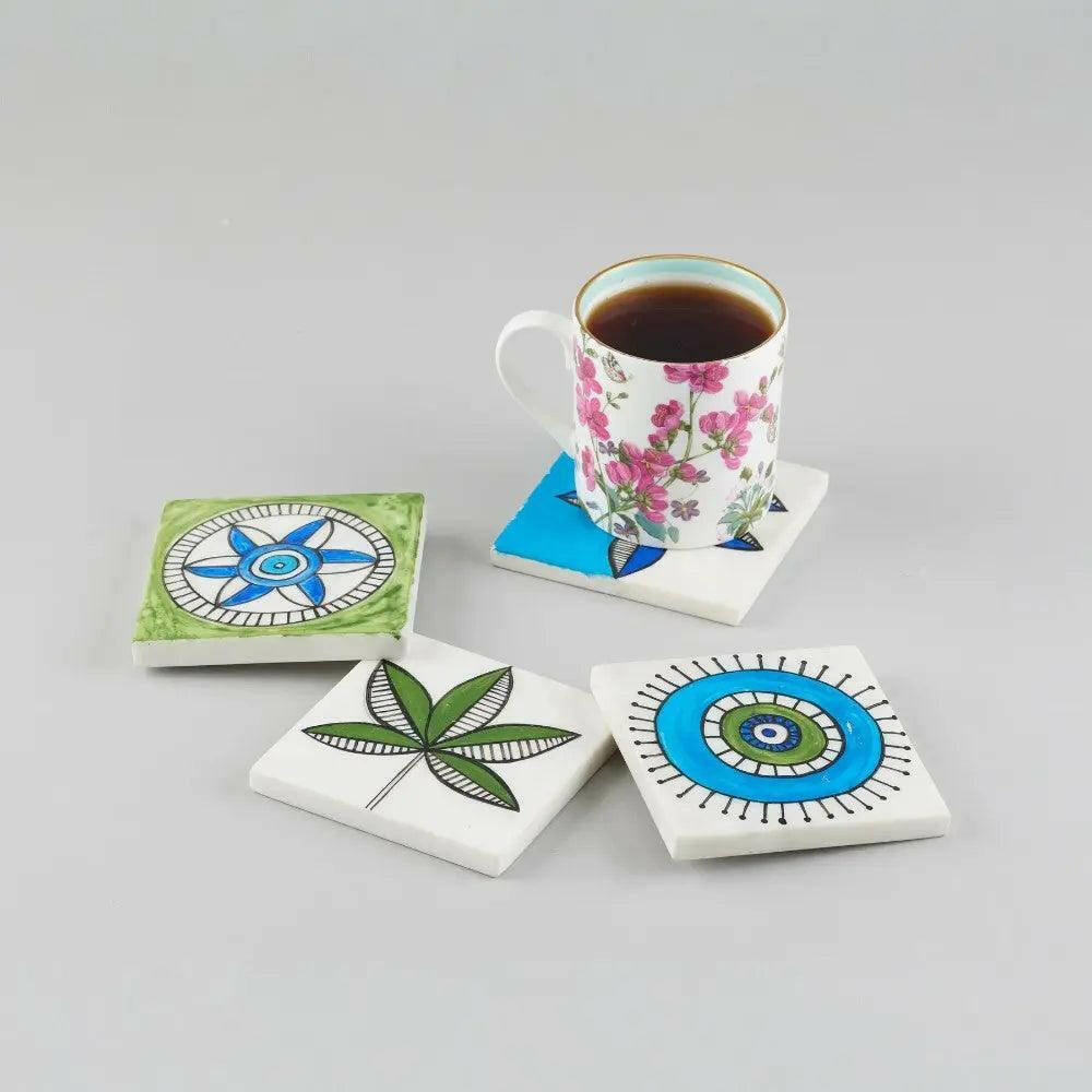 Hand Painted Blue Pottery Style Coaster Set - Marble Coasters for Home Décor.