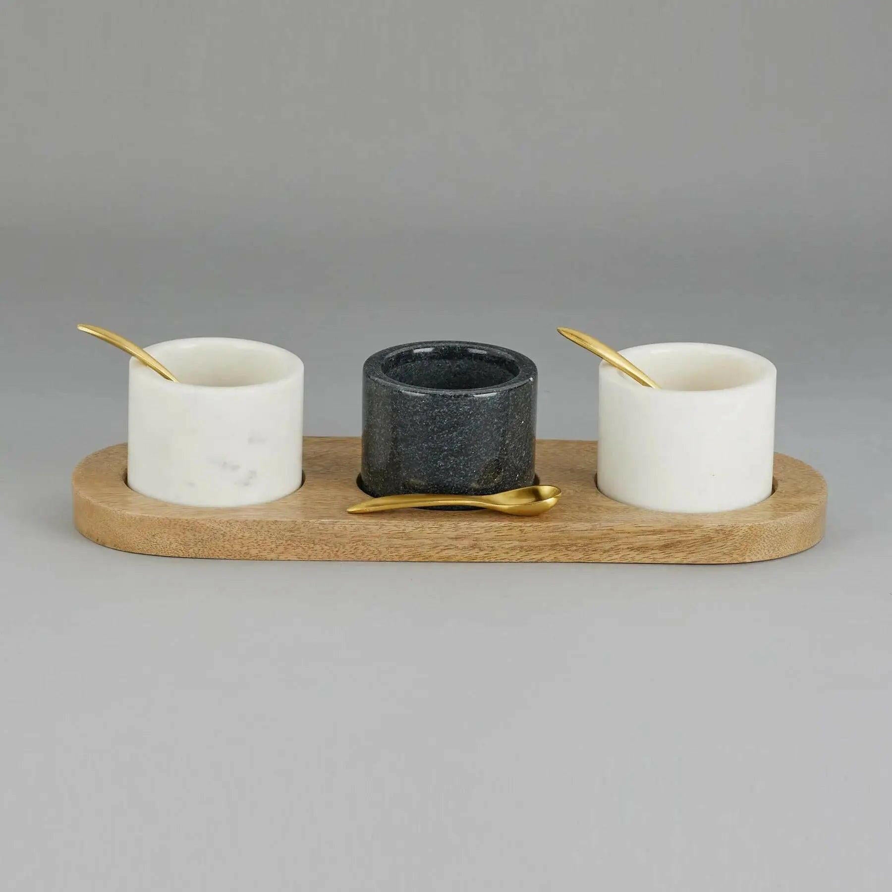 Marble Nut Bowls with Wooden Tray and Brass Spoons (set of 3).