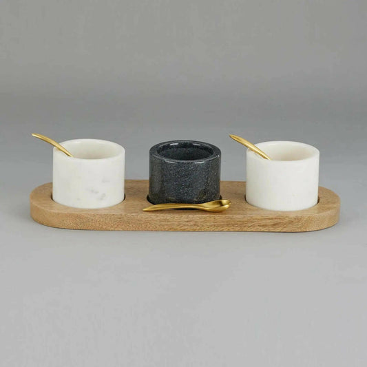 Marble Nut Bowls with Wooden Tray and Brass Spoons (set of 3).