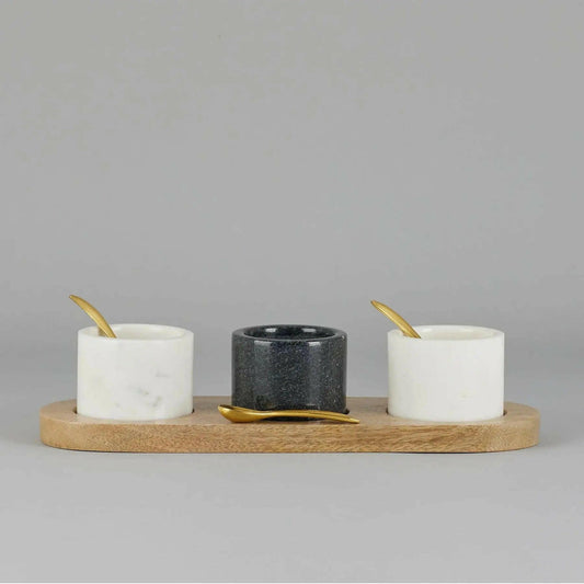 Marble Nut Bowls with Wooden Tray and Brass Spoons (set of 3).