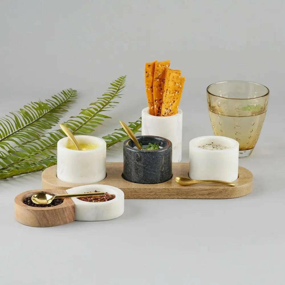 Marble Nut Bowls with Wooden Tray and Brass Spoons (set of 3).