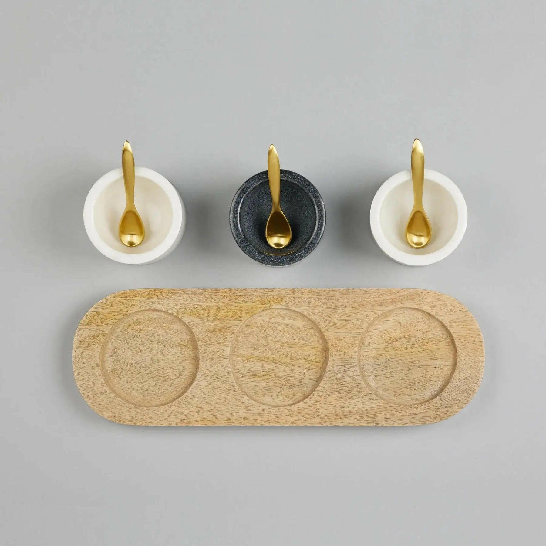 Marble Nut Bowls with Wooden Tray and Brass Spoons (set of 3).