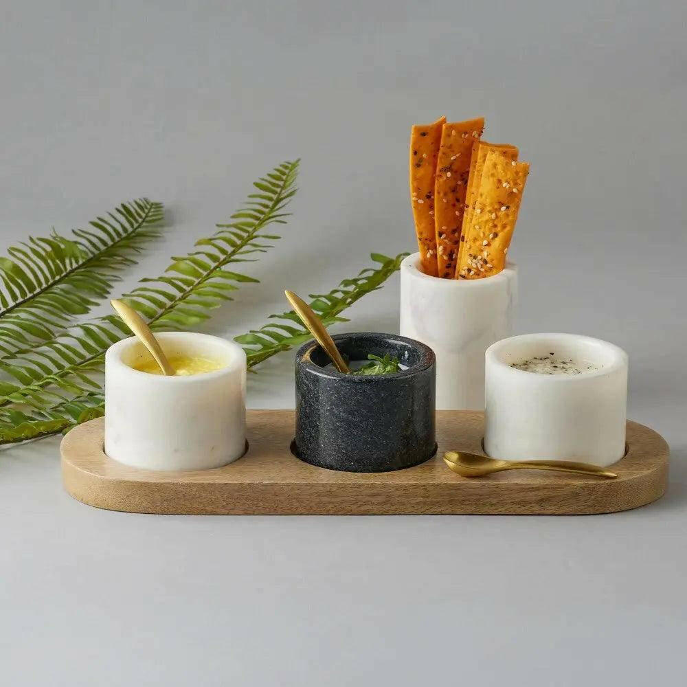 Marble Nut Bowls with Wooden Tray and Brass Spoons (set of 3).