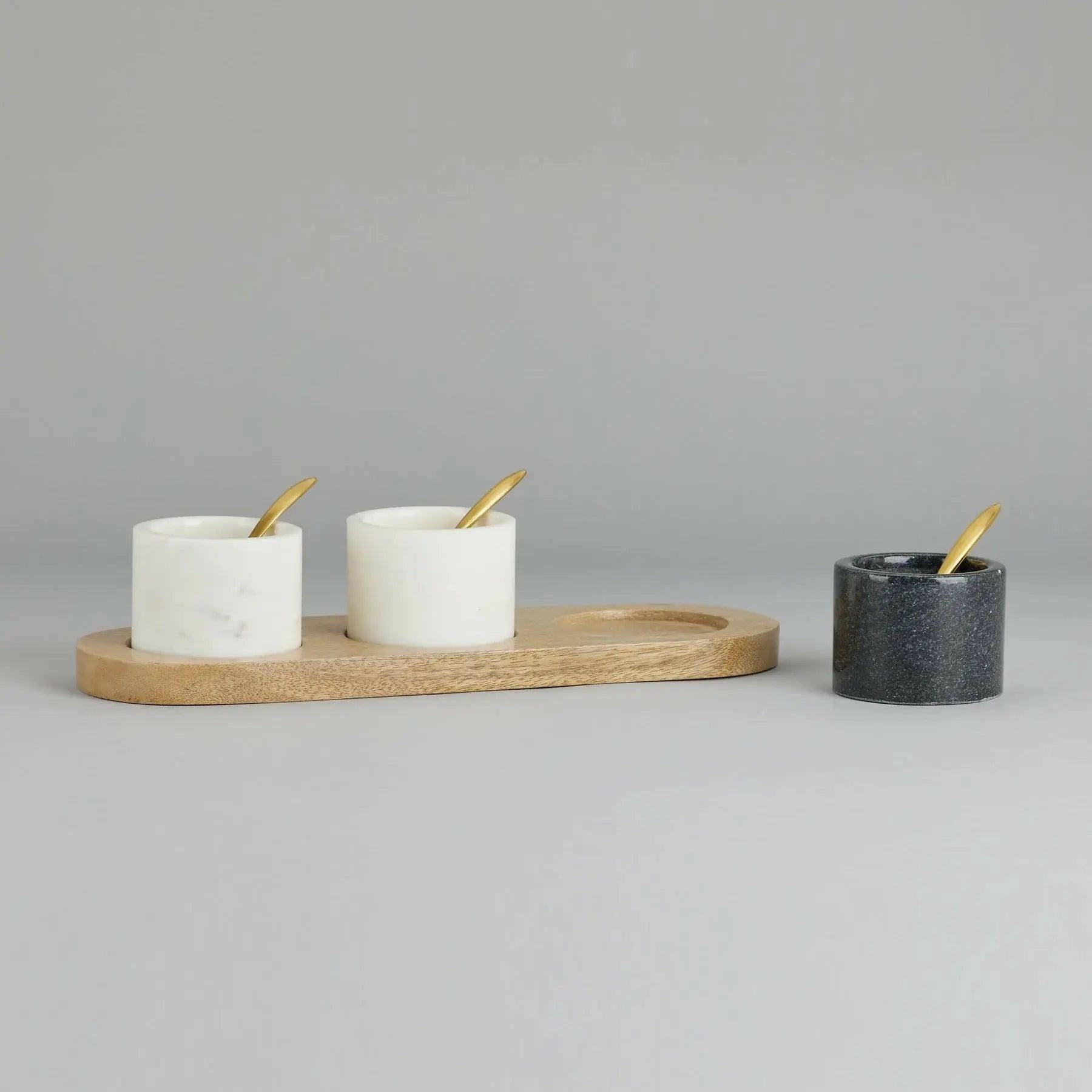 Marble Nut Bowls with Wooden Tray and Brass Spoons (set of 3).