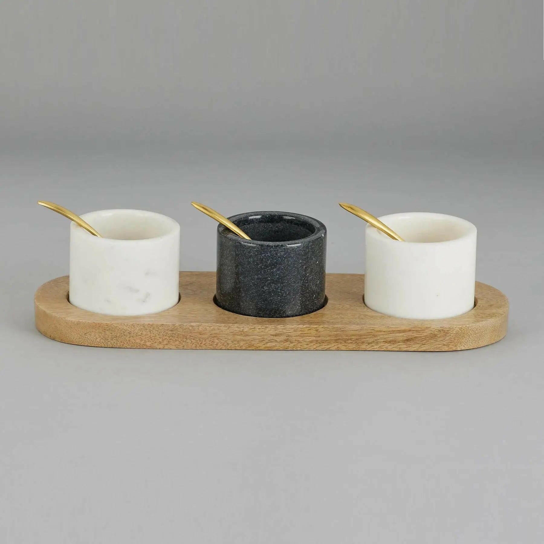 Marble Nut Bowls with Wooden Tray and Brass Spoons (set of 3).