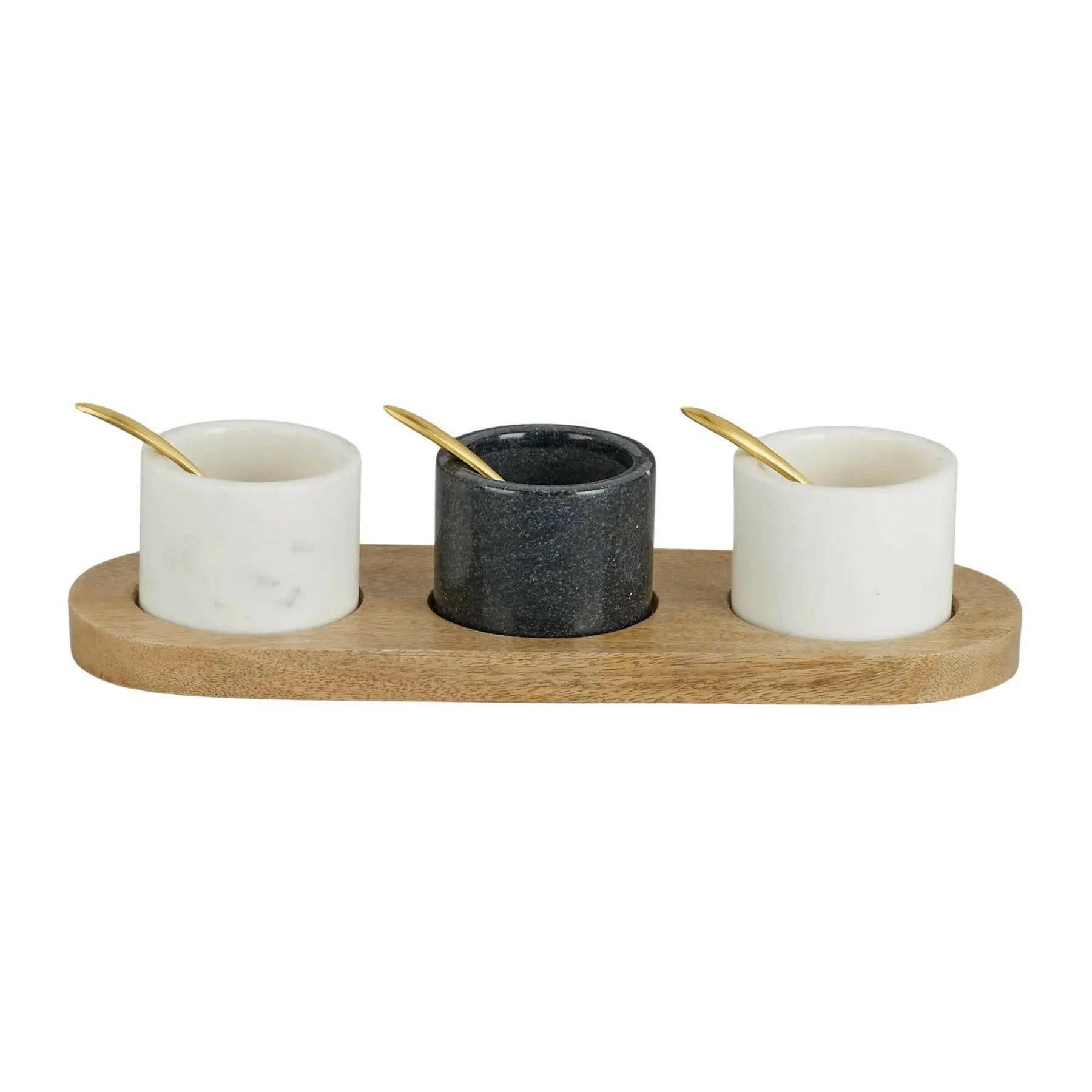 Marble Nut Bowls with Wooden Tray and Brass Spoons (set of 3).