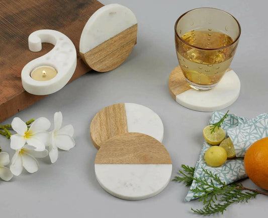 Natural Marble and Wood Coaster Set.