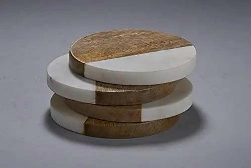 Natural Marble and Wood Coaster Set.