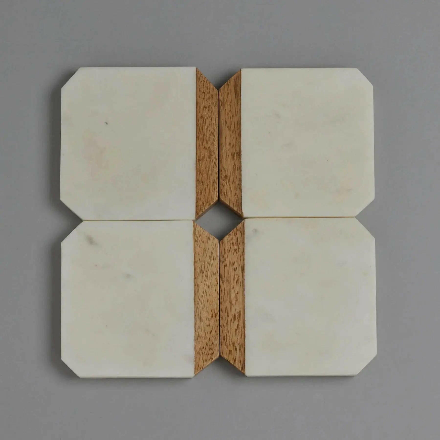 White Marble With Wood Coaster Set – Luxury Home Décor.