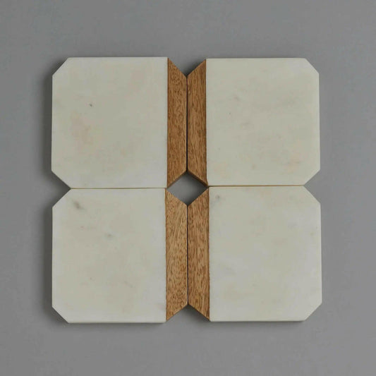 White Marble With Wood Coaster Set – Luxury Home Décor.