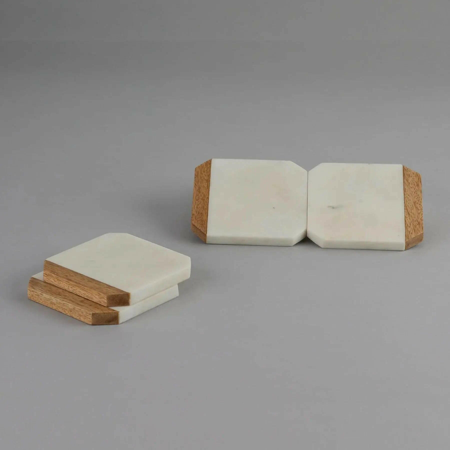 White Marble With Wood Coaster Set – Luxury Home Décor.